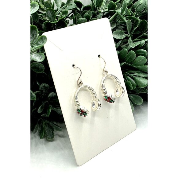 Silver Tone EarMuff Style Dangle Earrings With Red Green Gemstone Accents - Picture 3 of 6